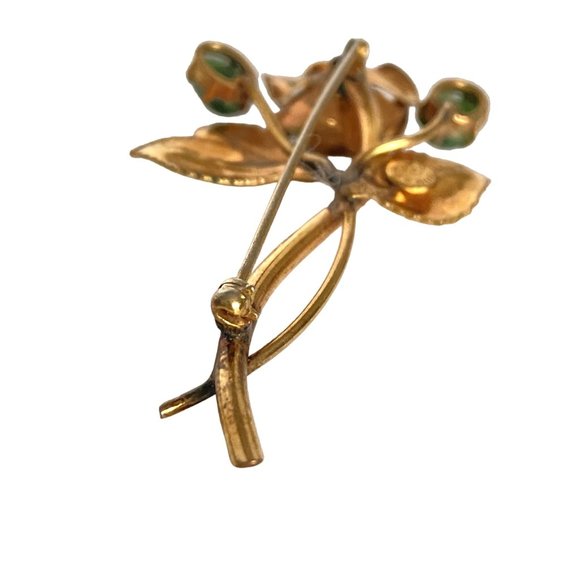 1940s Winard 12K GF Rose Flower Green Glass Stones Brooch Gold Tone 2.5in - Picture 10 of 13